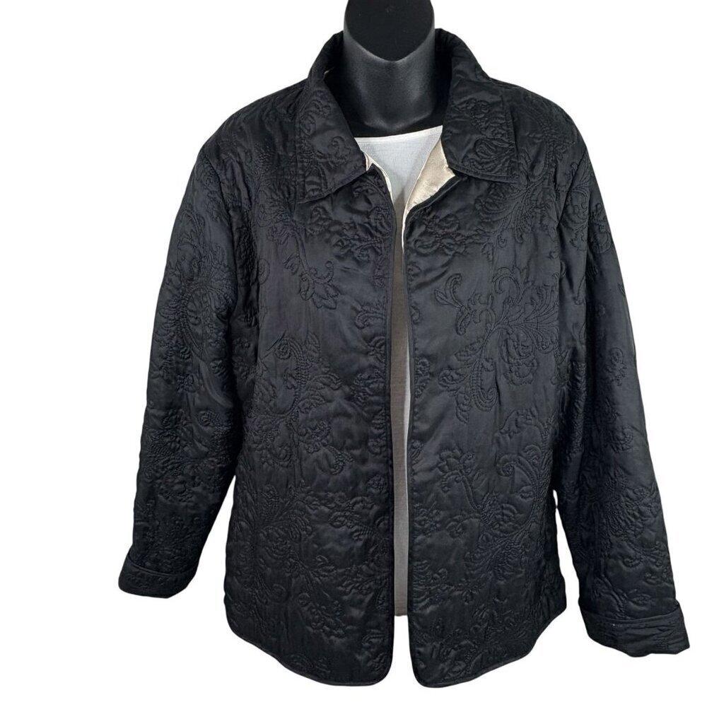 VTG 90s Silkland 100% Silk Quilted Jacket Floral Stitching Satin Women’s L NWT